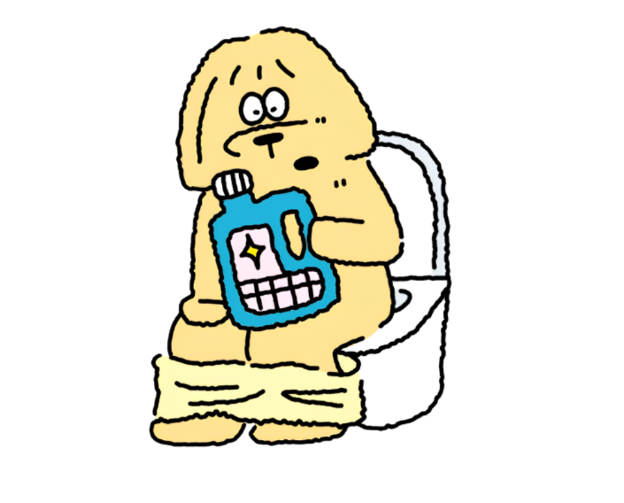 Fret sitting on the toilet holding a bottle of soap, deep in thought